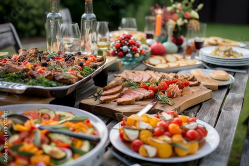 table with festive food spread in backyard