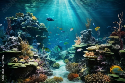 An underwater seascape teeming with life, showcasing a colorful coral reef with a variety of tropical fish swimming in clear blue waters, bathed in the rays of sunlight piercing through the surface.