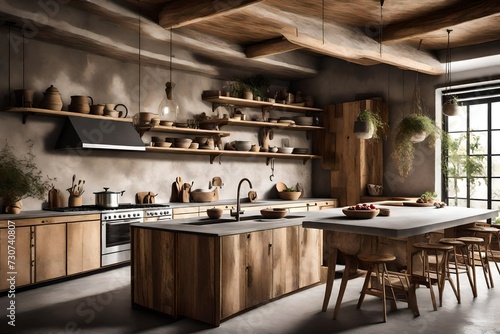 Elegant chic bohemian kitchen with natural materials. Wooden kitchen cabinet, concrete countertop, plaster walls, concrete floor. photo