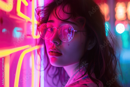 woman with glasses at night in a neon signs