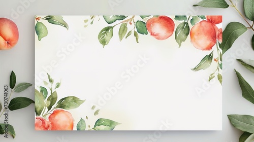 wedding invitation card with watercolor peach fruit and green leaves hand , generative ai