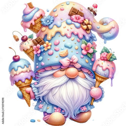 Cute Ice Cream Gnome Clipart   Whimsical Summer Illustration Festive Gnome Clipart with Ice Cream Cone   Fun Cartoon Character Sweet Ice Cream Gnome Cartoon Clipart   Summer Dessert Illustration © ธนากร บัวพรหม