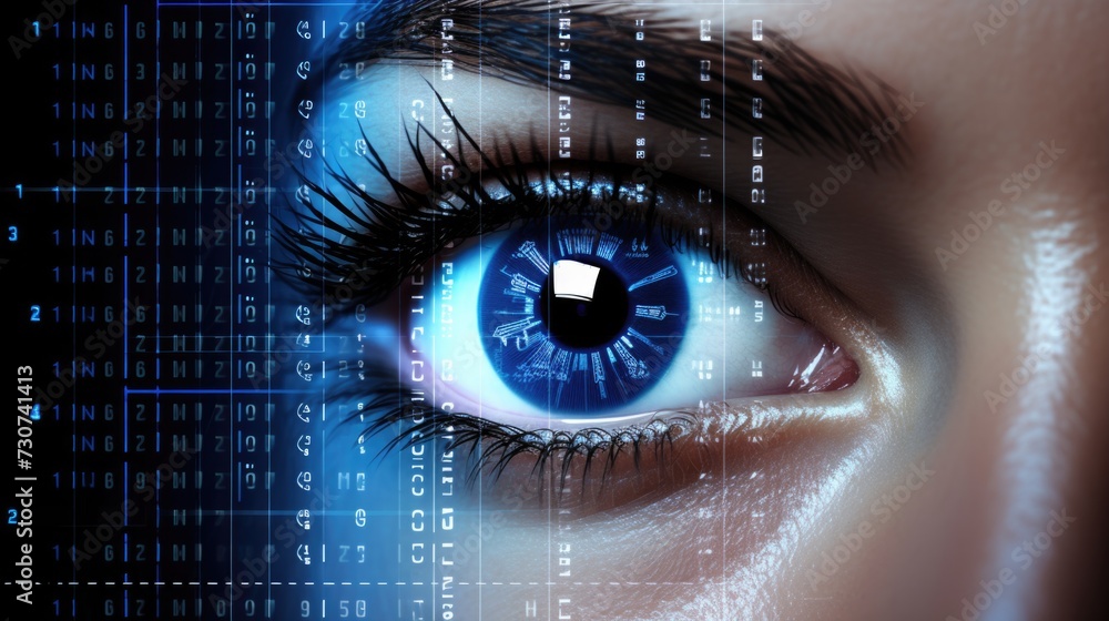 Human blue eye engaged in identity verification process, technology for security and access control