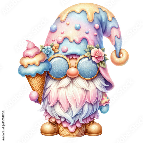 Cute Ice Cream Gnome Clipart | Whimsical Summer IllustrationFestive Gnome Clipart with Ice Cream Cone | Fun Cartoon CharacterSweet Ice Cream Gnome Cartoon Clipart  on a white isolated background.	 photo