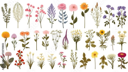 Wild flowers vector collection. herbs, herbaceous flowering plants, blooming flowers, subshrubs isolated on white background. Hand drawn detailed botanical vector illustration., generative ai,  photo