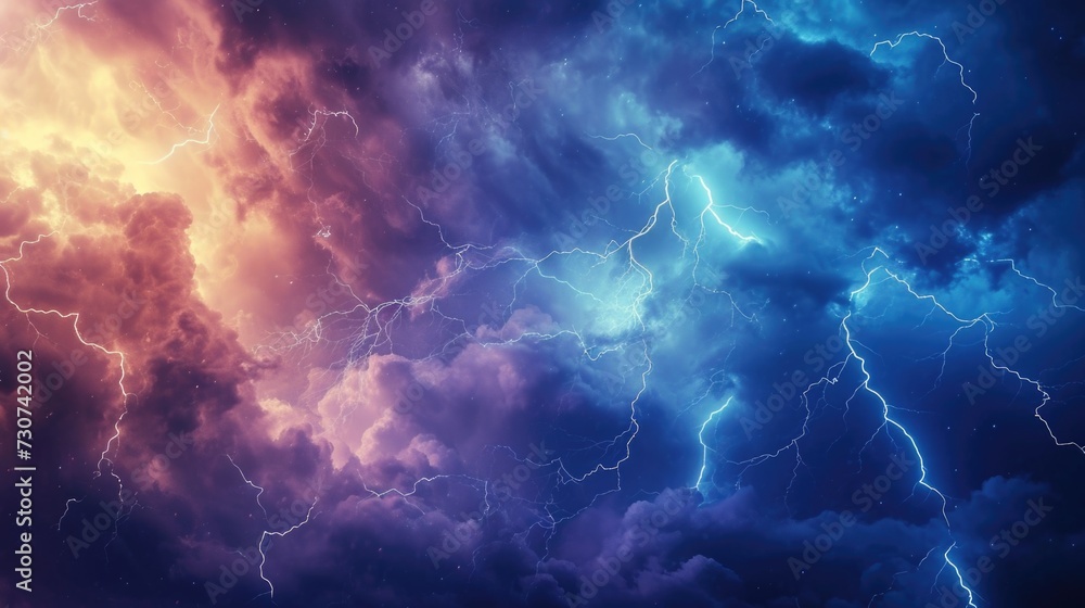 Lightning bolts streaking across the stormy sky, lightning in clouds weather background - obrazy, fototapety, plakaty 