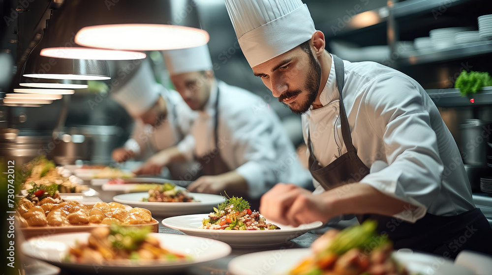 A busy professional kitchen, two chefs working on multiple beautiful dishes. Fine dining. Generative AI. A busy professional kitchen, two chefs working on multiple beautiful dishes. Fine dining. Generative AI.