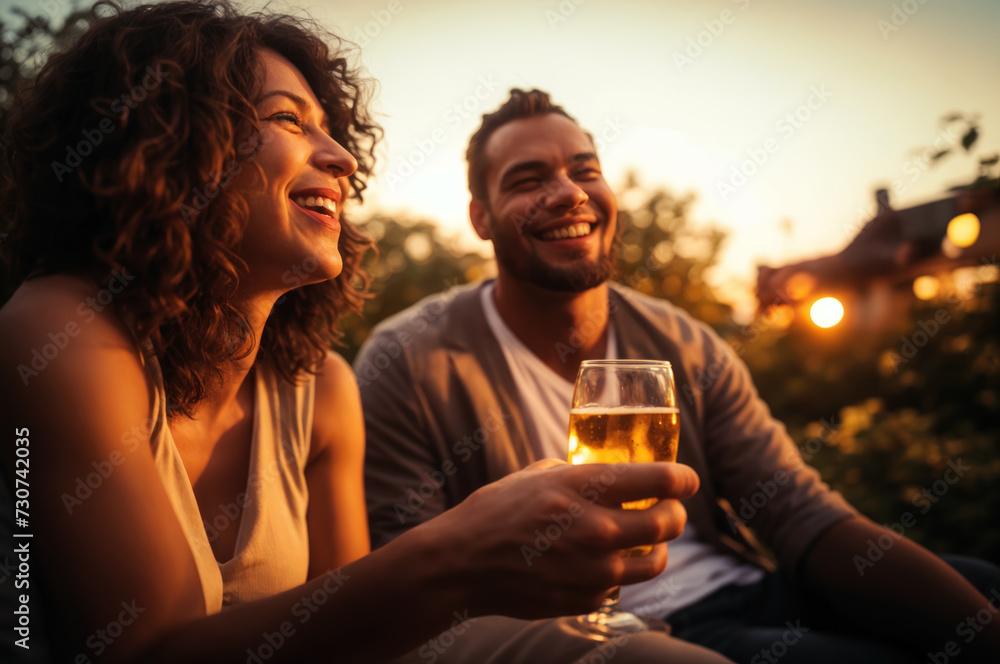 Couple enjoying wine and drinks at an outdoor retreat. A blissful moment of love, laughter, and togetherness amidst nature beauty, sharing warmth and affection in the radiant glow of the setting sun