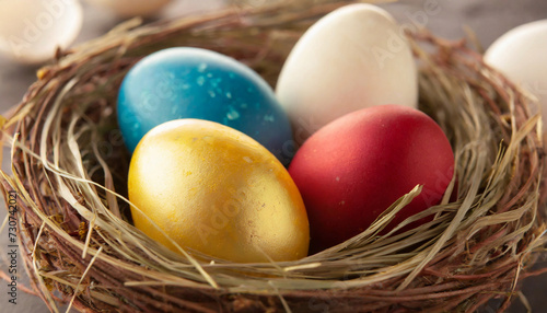 Close up of colorful Easter eggs in nest, religious holiday celebration