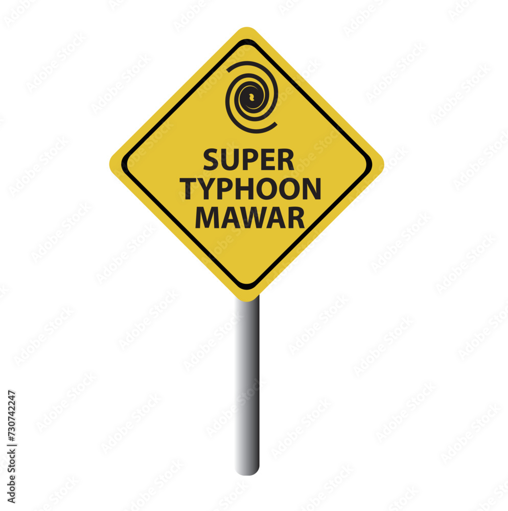 super typhoon warning sign against a powerful stormy background with copy space. Dirty and angled sign with typhoon winds add to the drama.