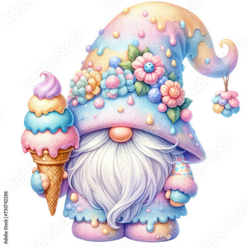 Cute Ice Cream Gnome Clipart | Whimsical Summer IllustrationFestive Gnome Clipart with Ice Cream Cone | Fun Cartoon CharacterSweet Ice Cream Gnome Cartoon Clipart  on a white isolated background.	 photo