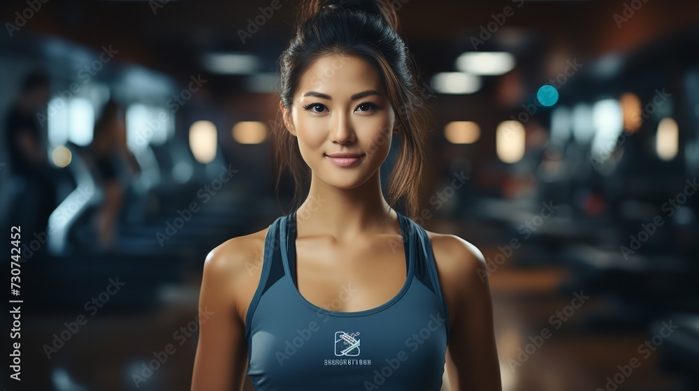  Confident Asian female fitness coach in a gym