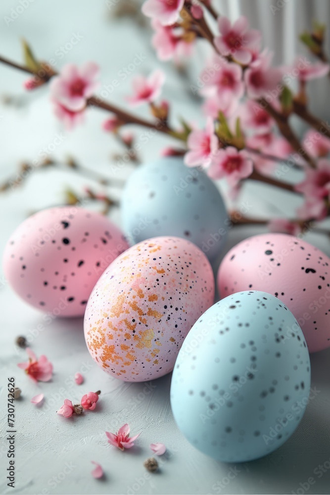 Easter card with colorful eggs in light colors, festive mood, Easter concept. Generative AI.