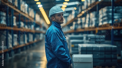 A man in wearing a blue coverall working in a warehouse. Generative AI.