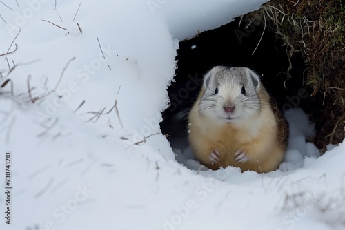 lemming at the opening of an arctic burrow in the snow photo