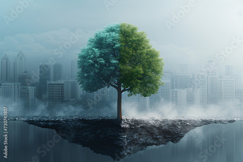 Carbon neutrality concept. Carbon dioxide reduction. CO2 gas emissions balance with carbon absorbed by trees and carbon capture technology. CO2 neutral balancing scale. Factory and transport pollution photo