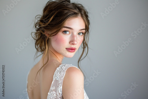 Elegant woman in bridal gown with natural makeup. Wedding and beauty.