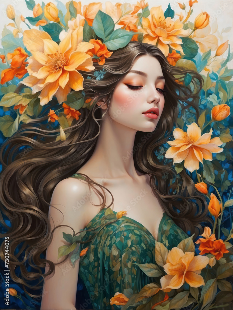 art painting of very beautiful woman with orange and blue flowers 