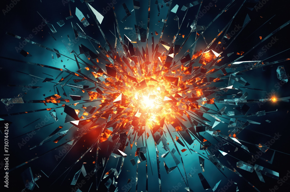Cracked and shattered dark glass background. An abstract illustration of destruction and futuristic design, symbolizing the impact of obstacles on modern business and construction - obrazy, fototapety, plakaty 