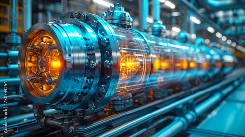 Industrial high tech transparent glowing translucent energy shell and tube heat exchangers with pipes futuristic with energy and fuel equipment in oil refinery photo