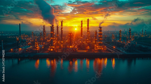 Oil refinery and petrochemical plant at sunset photo