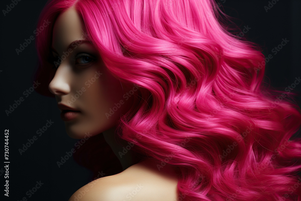 Fototapeta premium Pink hair close-up. Women's long pink hair. Beautiful styling of wavy shiny curls. Hair coloring. Generated by artificial intelligence