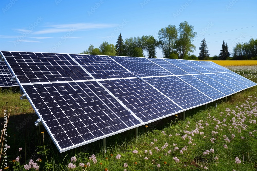 solar panels amid blooming farm fields in daylight