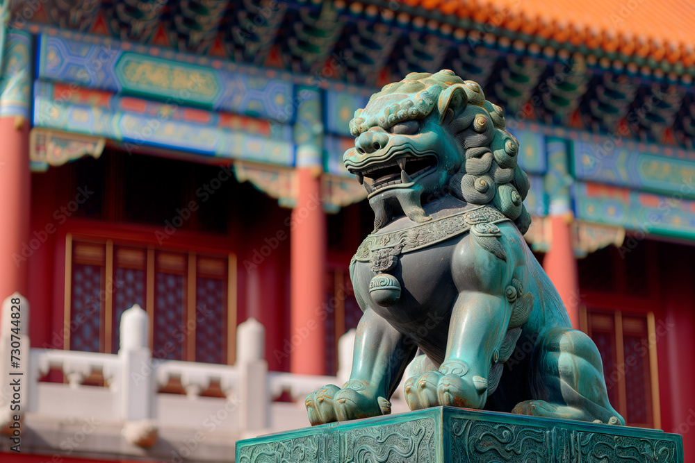 Closeup of Lion statue in the Forbidden City or Asian temple, symbol of Chinese New Year