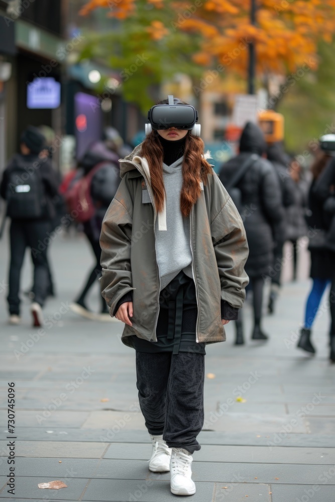 A girl wearing virtual reality glasses walks around the city. New technologies concept A girl wearing virtual reality glasses walks around the city. New technologies concept