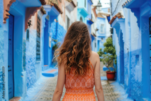 Young woman with dress visiting the blue city Chefchaouen, Marocco © Kien