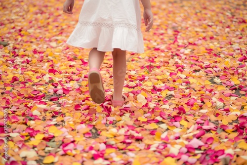 girl walking through a carpet of fallen petals