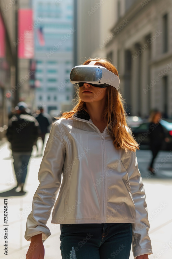 Obraz premium A girl wearing virtual reality glasses walks around the city. New technologies concept