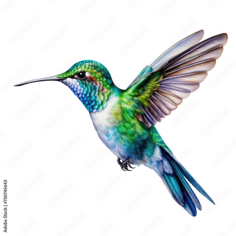 Obraz premium Flying hummingbird watercolor illustration. Drawing of colored colibri bird