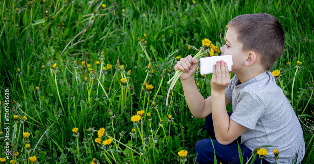 the child is allergic to spring flowers. Selective focus the child is allergic to spring flowers. Selective focus