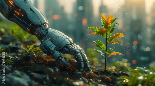 Futuristic robotic arm tenderly handling a young plant sprout against a backdrop of a blurred cityscape. 