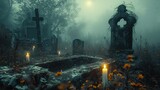 Ghostly Graveyard: A Hauntingly Beautiful Nighttime Scene Generative AI