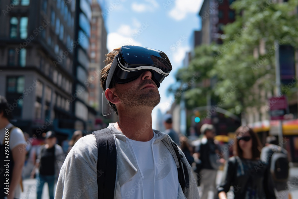 A man wearing virtual reality glasses walks around the city. New technologies concept. A man wearing virtual reality glasses walks around the city. New technologies concept.