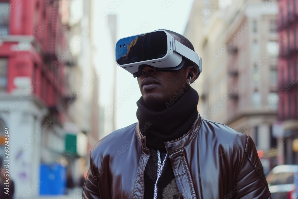 A man wearing virtual reality glasses walks around the city. New technologies concept. A man wearing virtual reality glasses walks around the city. New technologies concept.