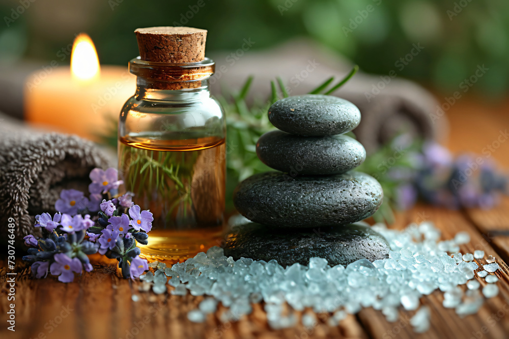 beauty treatment items for spa procedures on wooden table, massage stones, essential oils and sea salt beauty treatment items for spa procedures on wooden table, massage stones, essential oils and sea salt
