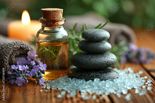 beauty treatment items for spa procedures on wooden table, massage stones, essential oils and sea salt 