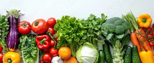 Vegetables and fruits elegantly arranged on white background creating vibrant tapestry of healthy organic produce assortment showcases variety and richness of vegetarian and vegan diets photo