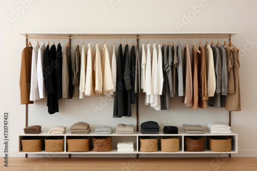 Photo of minimalist wardrobe with a limited color palette, showcasing simplicity and order