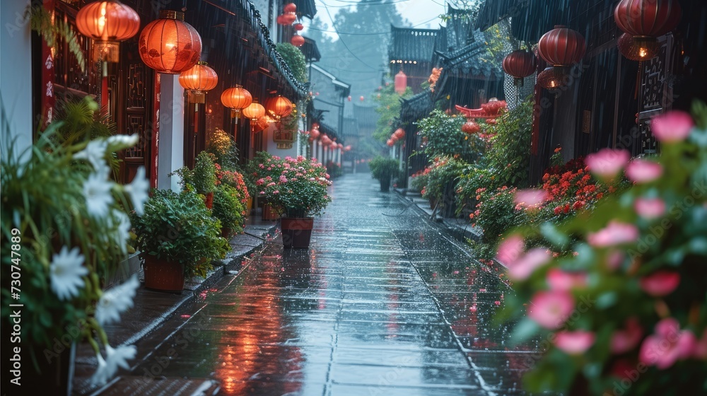 A beautiful street in the rain with flowers in the background. Generative AI. A beautiful street in the rain with flowers in the background. Generative AI.