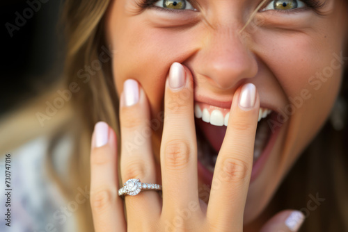 
Image capturing the ring finger with a unique engagement ring, with the girl's surprised face softly out of focus