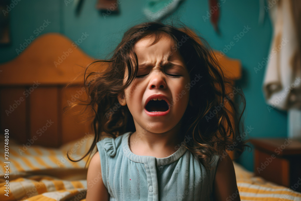 A 2yearold curly girl, Hispanic, in her bedroom, crying over not