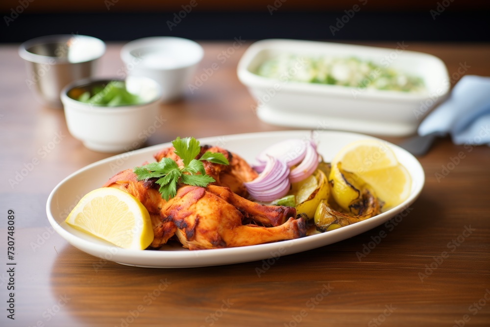 tandoori chicken with sliced onions and lemon