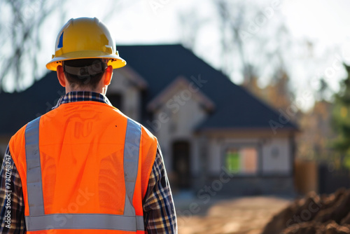 Construction worker overseeing building site at sunset. Industrial job and profession.