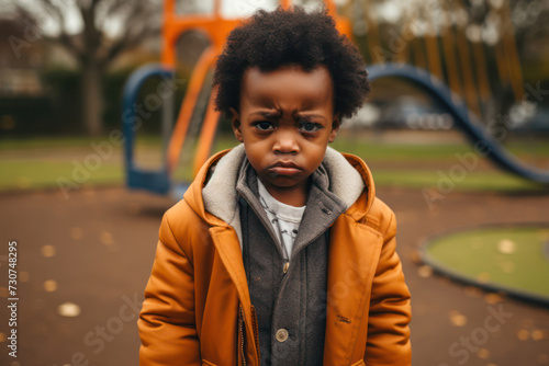 A 2-year-old boy, African, upset in a park because he has to leave the playground