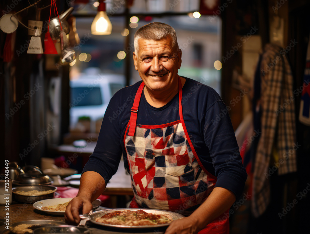 Photo of a Serbian man, 50 years old, cooking meat in a frying pan in his cafe on the street of Belgrade Photo of a Serbian man, 50 years old, cooking meat in a frying pan in his cafe on the street of Belgrade