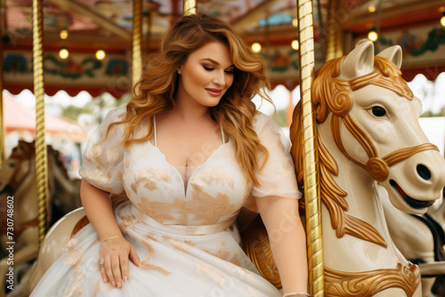 A plus-size, 37-year-old American bride in a trendy two-piece ensemble, on a historic carousel